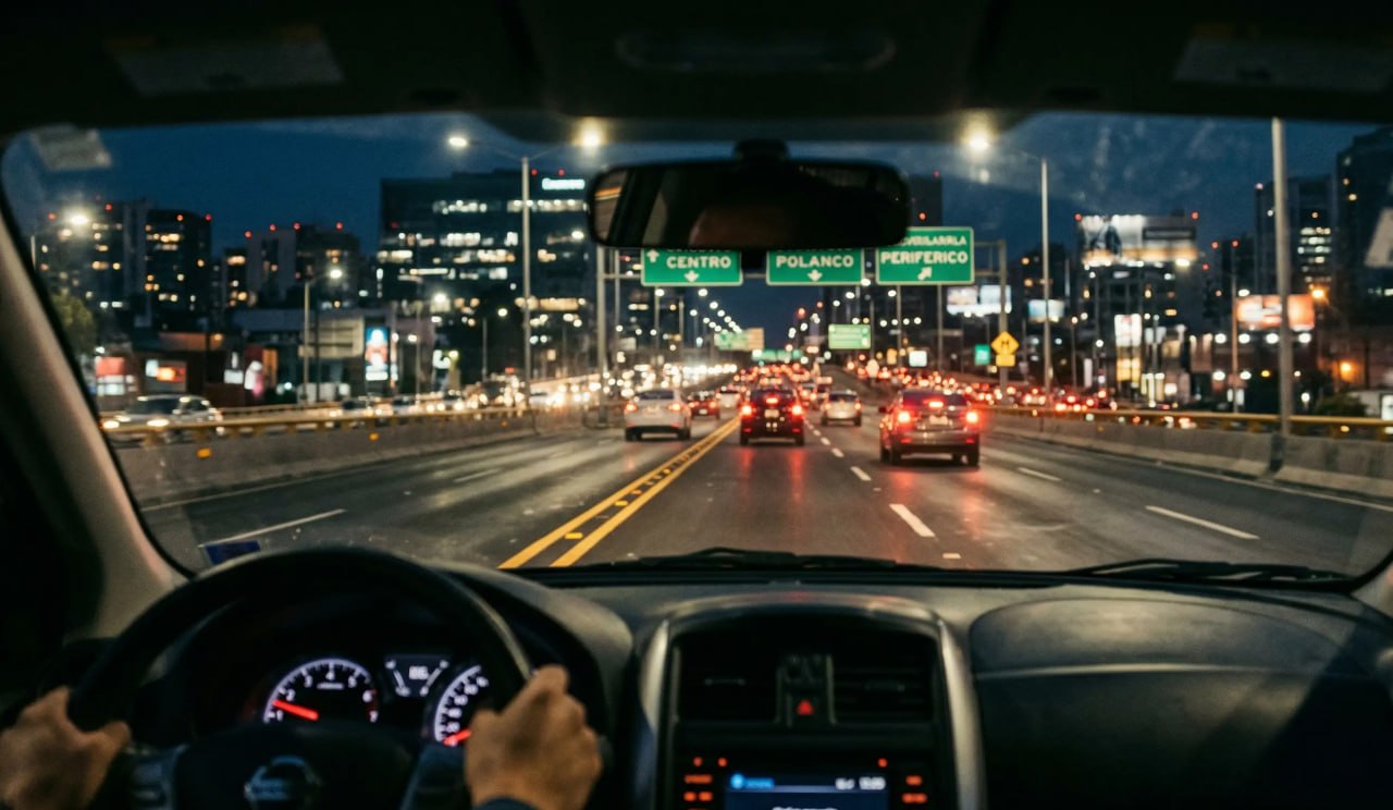 Conducir de noche en Ciudad de México - visión nocturna clara hacia Polanco y Periférico