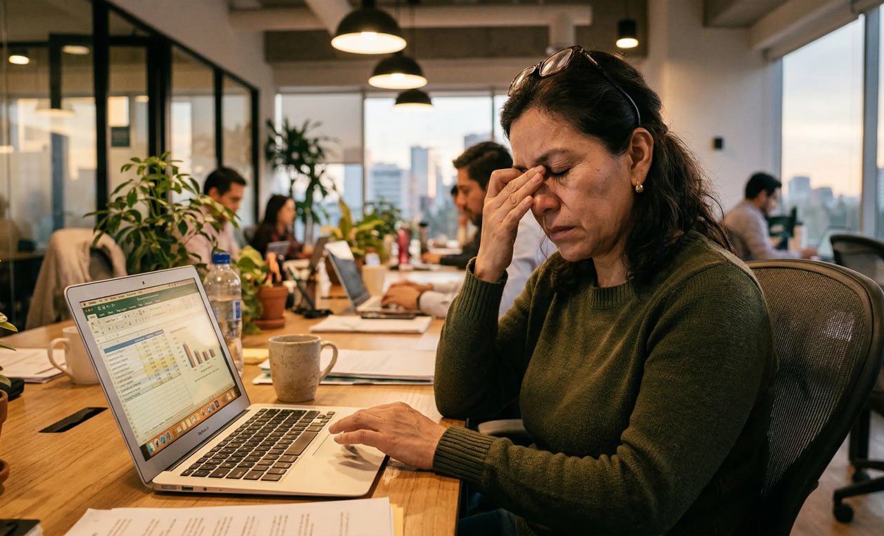 Mujer mexicana con fatiga visual frotándose los ojos frente a la computadora en oficina