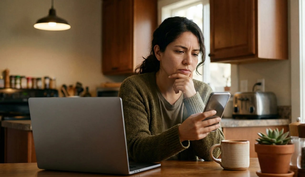 Mujer verificando dónde comprar Oculax original en México - cuidado con estafas