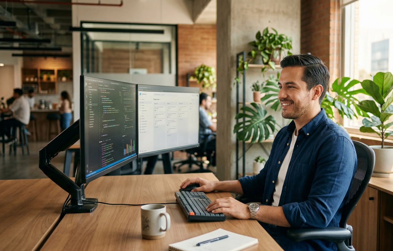 Hombre trabajando cómodamente frente a dos monitores - Oculax para fatiga visual en oficina